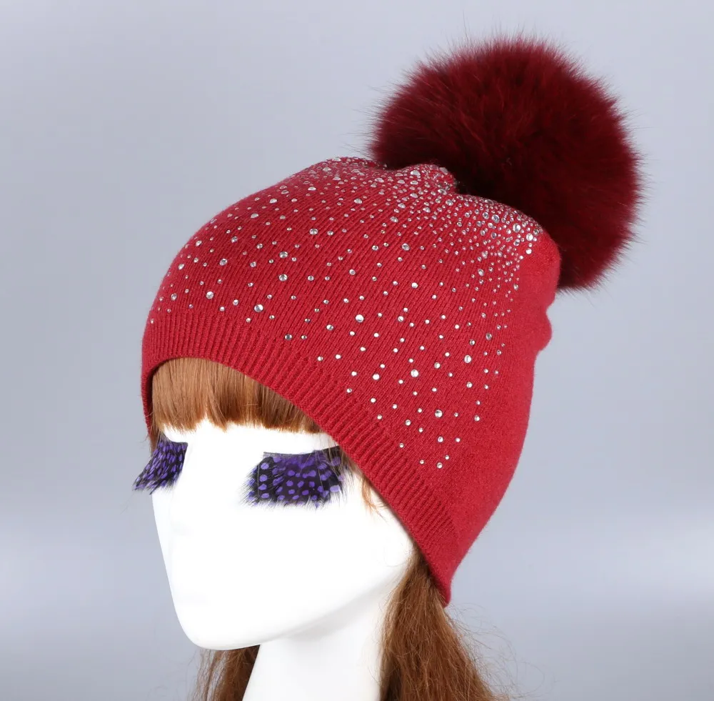 Оптовая продажа женская модная шерстяная зимняя шапка с лиса норка помпон
