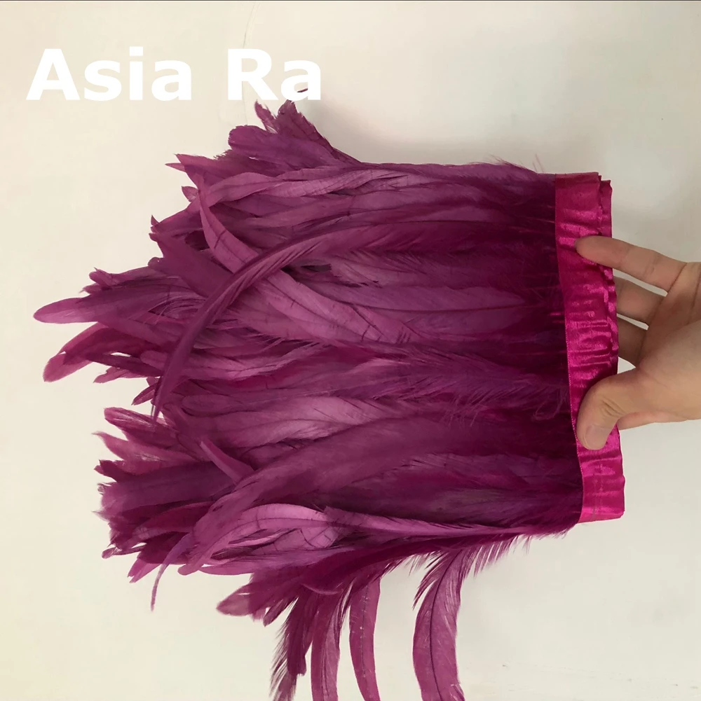 Asia Ra Fuchsia Color Dyed high quality rooster tails Feather trim on satin ribbon 12-14inch width DIY wedding feather boas | Дом и сад