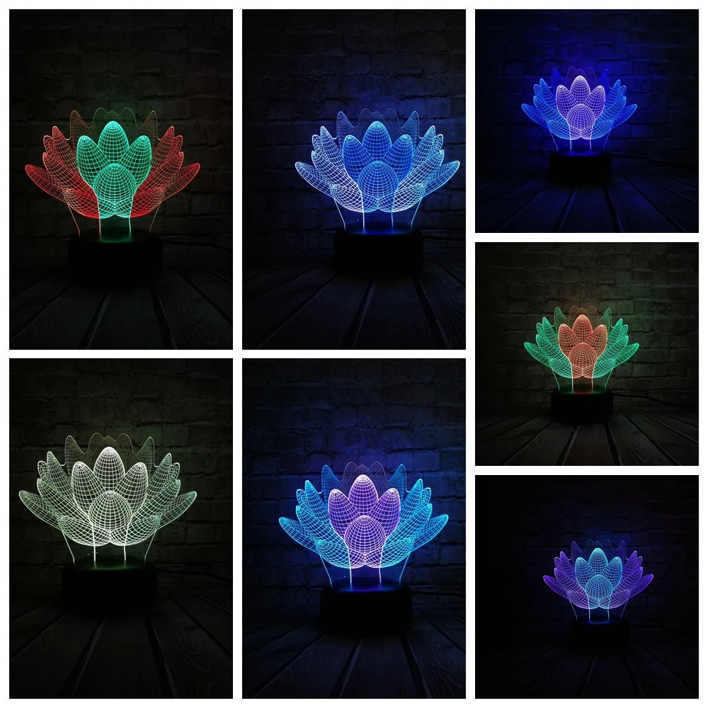 Новая 3D лампа суккулентные растения цветы лотоса Микс разноцветных USB Led ночник