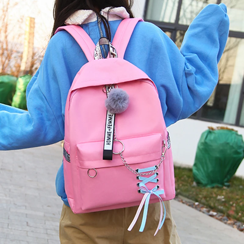 Pink 5 комплектов брендовый винтажный женский рюкзак, рюкзак, холщовые цепи, школьные рюкзаки для девочек-подростков, Повседневная вместительная сумка через плечо - Цвет: Pink