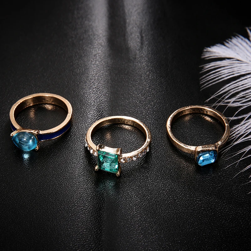 3 Pcs/Set Simple Crystal Gem Drop Square Geometry Gold Joint Ring Women Fashion Party Wedding Jewelry Accessories | Украшения и