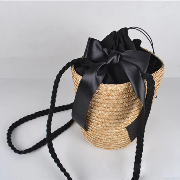 HCH Bucket цилиндрические соломенные сумки с бантом из пшеничной соломы тканые