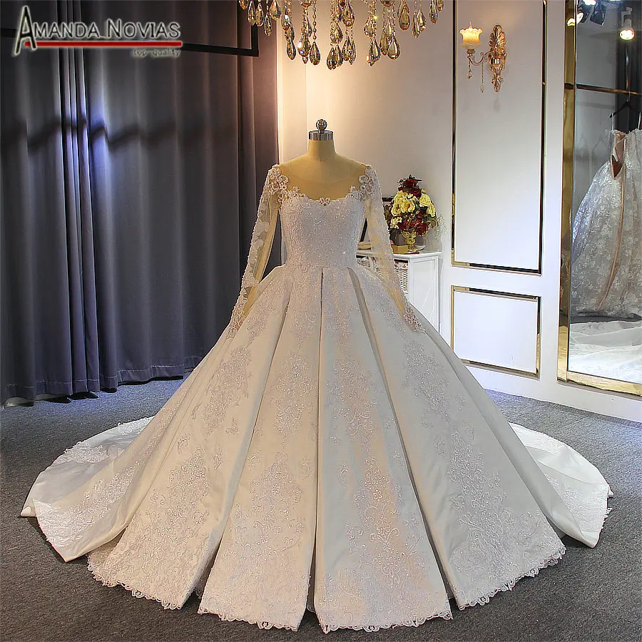 Robe de soiree из атласа с длинным рукавом свадебное платье с кружевными рукавами настоящая работа