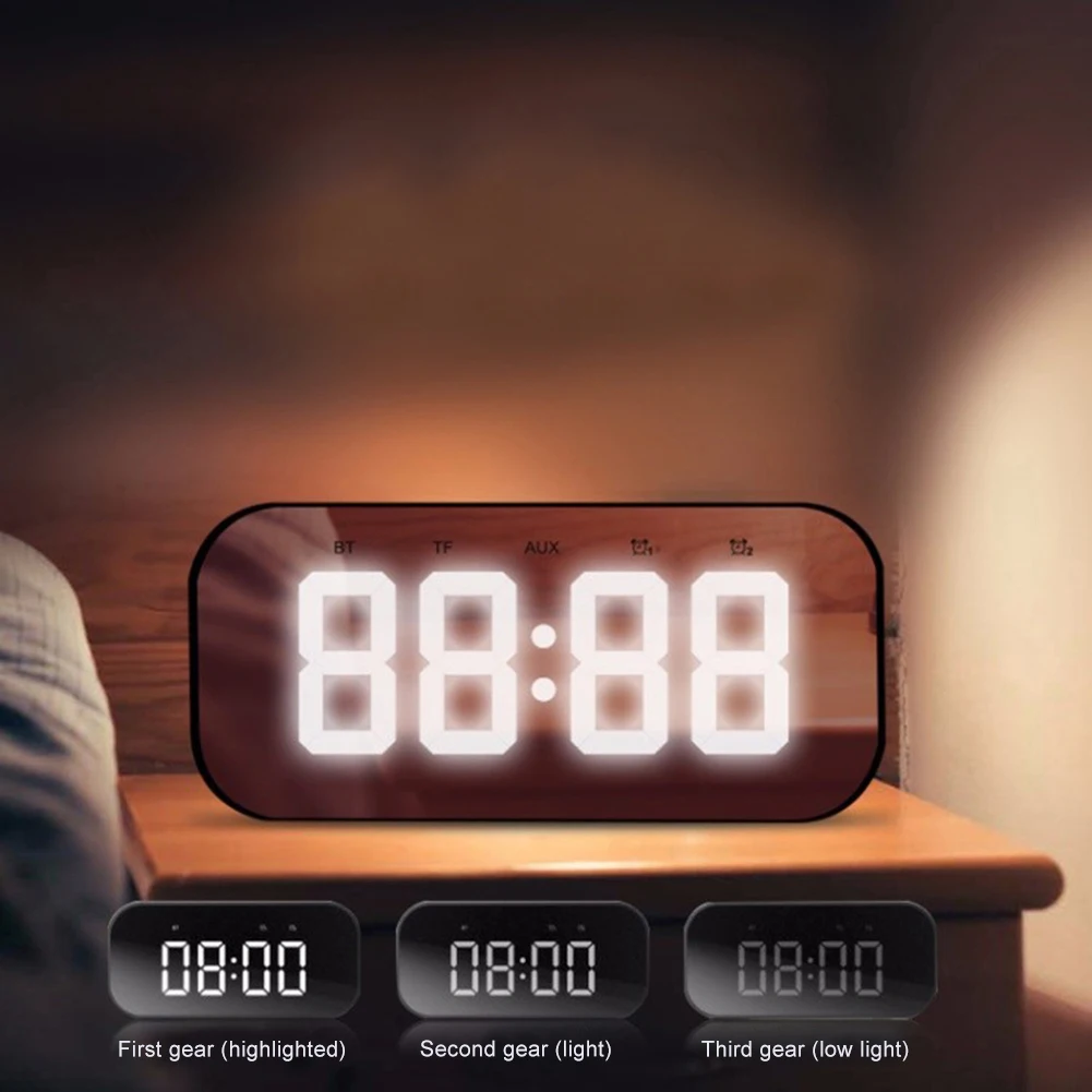 Bluetooth Speaker with FM Radio LED Mirror Alarm Clock Subwoofer Music Player Snooze Desktop Clock Portable Mirror MP3 Player