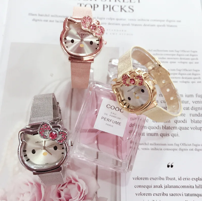 Быстрая, 50 шт./лот, сумасшедшая распродажа, часы hello kitty, стальной ремешок, женские кварцевые рождественские подарочные часы