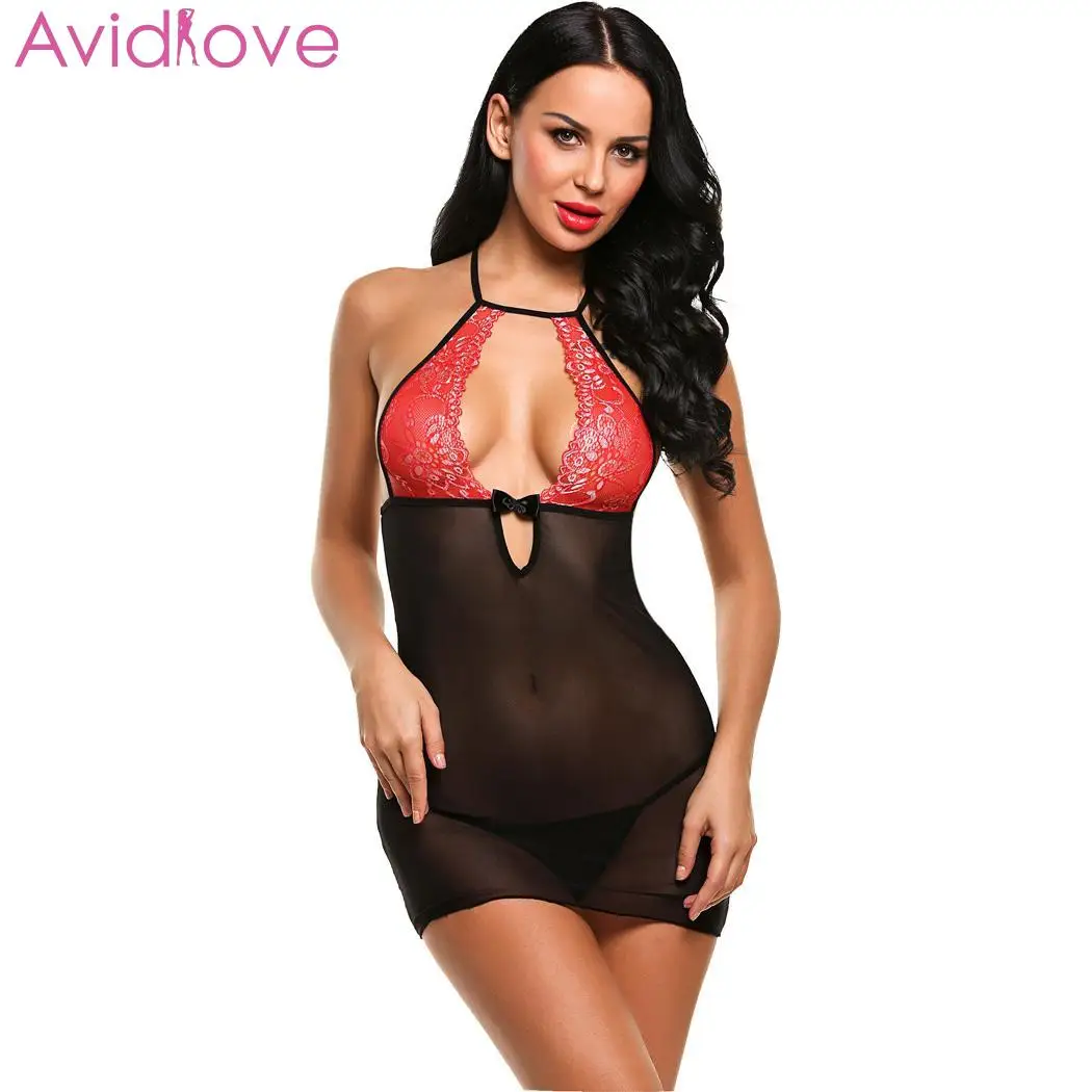 Avidlove, женское сексуальное нижнее белье, сексуальное нижнее белье, эротические костюмы, ночная сорочка, пэтчворк, мини, полые, с стрингами, Холтер, кружево