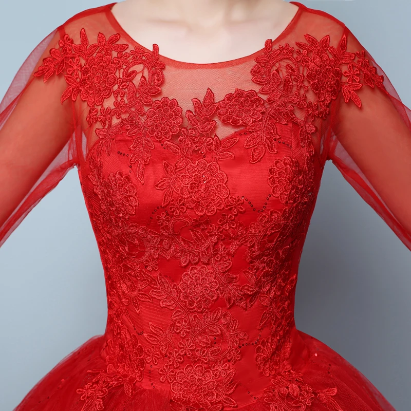 Fansmile красное Тюлевое свадебное платье с длинным рукавом Vestido De Noiva кружевное бальное свадебное платье на заказ размера плюс свадебное платье FSM-418F