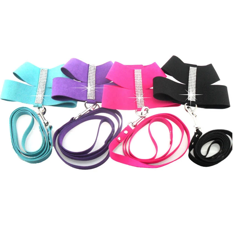 

Роскошная шлейка Стразы для домашних питомцев, мягкая шлейка с кристаллами и стразами, жилет, фиолетовая Кожаная шлейка и поводок для мален...