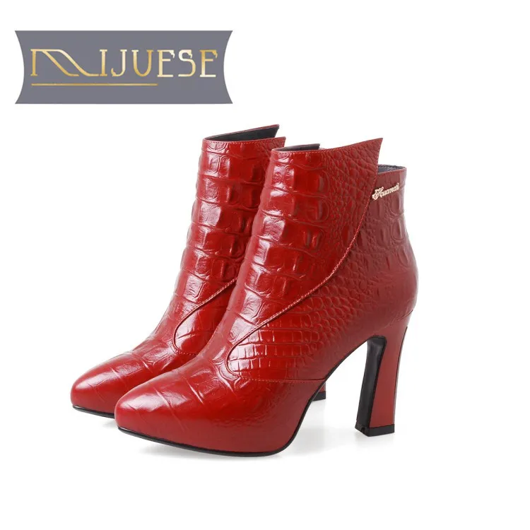 MLJUESE/женские ботильоны из мягкой коровьей кожи Сезон Зима Короткие Плюшевые ботинки на молнии Цвет Красный