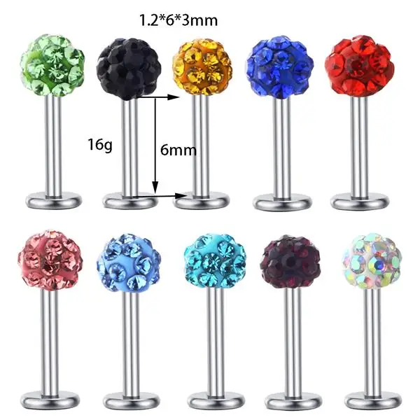 1.2x6x3mm JUNLOWPY 1 шт. 316L сталь хрустальный шар Лабрет Стад губ кольцо для козелка пирсинг для хрящевой части уха серьги тела пирсинг спираль штанги бар - Окраска металла: 1.2x6x3mm