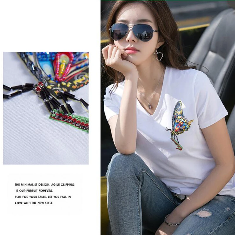 New short-sleeved T-shirt female hand beaded high-end wild V collar butterfly ladies shirt high quality women's top 1946 | Женская