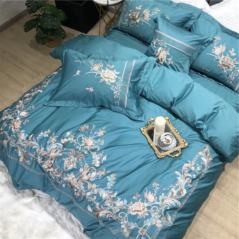 Синий, розовый, фиолетовый, зеленый, роскошный золотой Королевский Комплект постельного белья с вышивкой 100S из египетского хлопка, пододеяльник, простыня, постельное белье, наволочки
