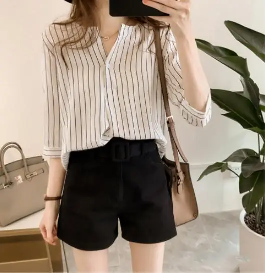 

Women Blouses Fashion Summer Casual Stripe Shirt Ladies Loose Formal Tops Blouse Plus Size