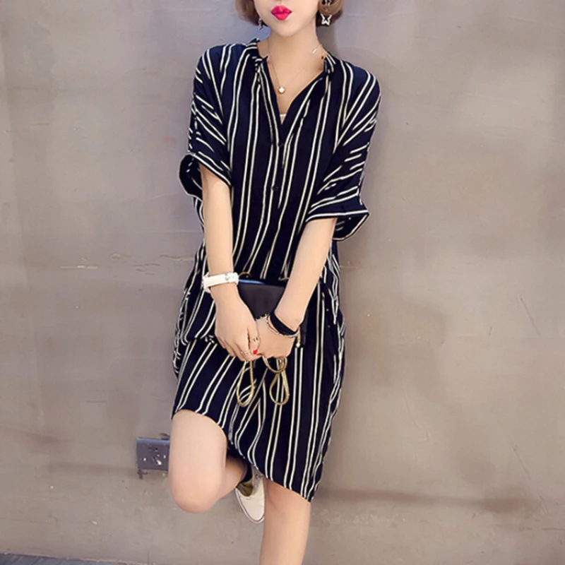 Черная рубашка M-5XL женское платье-халат корейское платье Багги свободного покроя