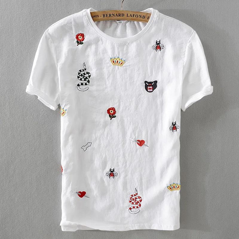 New trend designer short sleeve t-shirts men linen white fashion t shirt for men embroidery stitching tshirt male camisetas