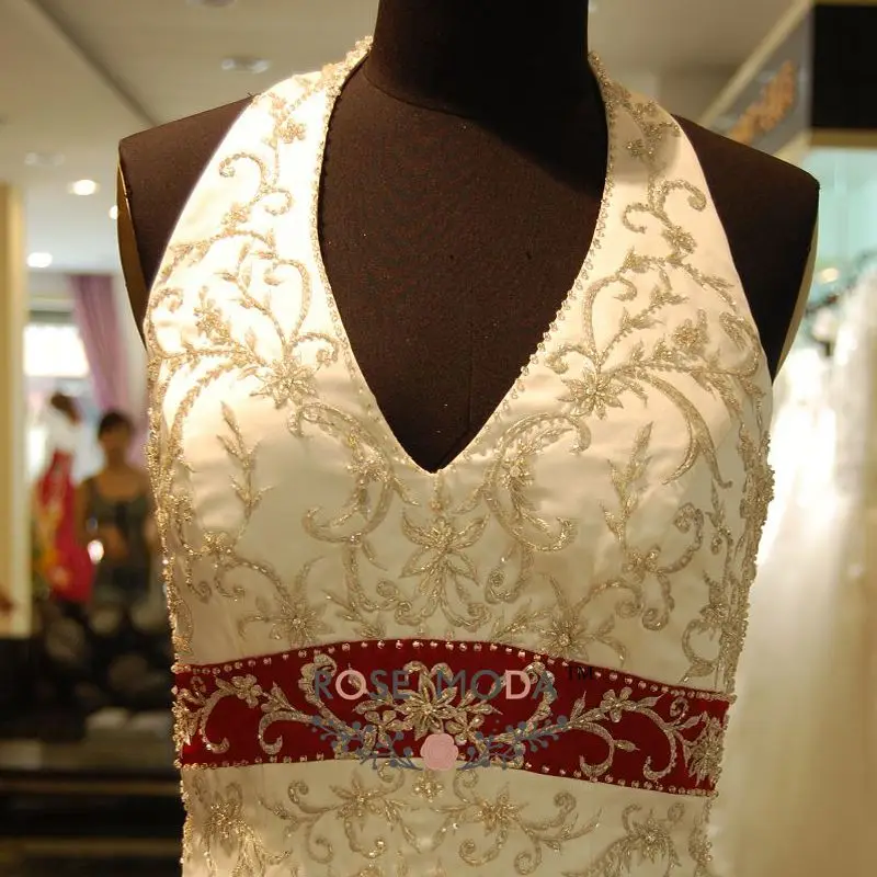 Luxury Embroidery Halter White and Red A Line Wedding Dress 2176 Beaded Bridal Gown Vestidos de Noiva Real Photos | Свадьбы и