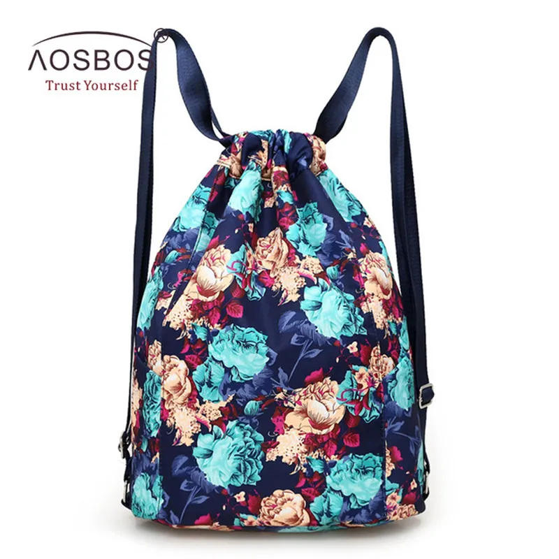 Blue Aosbos женский рюкзак на шнурке с цветочным рисунком, сумка для фитнеса и тренировок на открытом воздухе, непромокаемые пляжные сумки, сумка на шнурке из ткани Оксфорд - Цвет: Blue