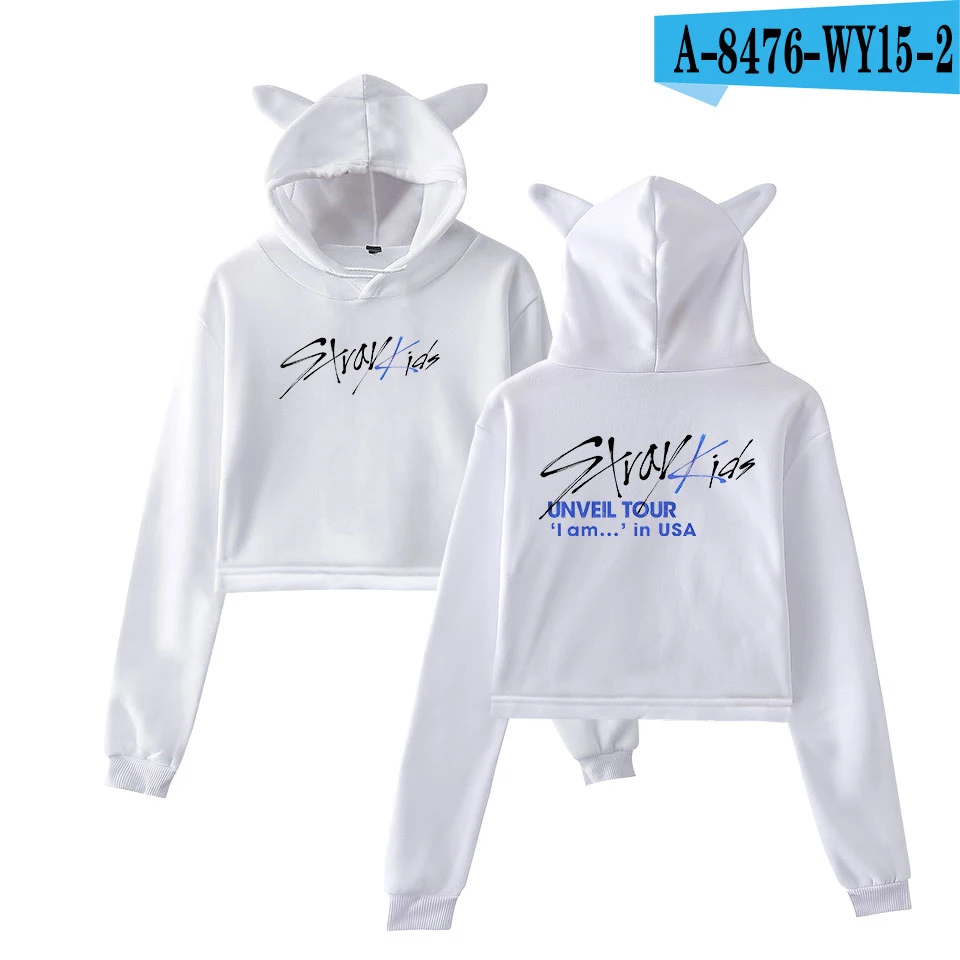 Stray Kids Kpop Cat/укороченные толстовки для женщин; Модный пуловер с капюшоном и длинными рукавами; укороченные топы; хит модных продаж; уличная одежда - Цвет: white