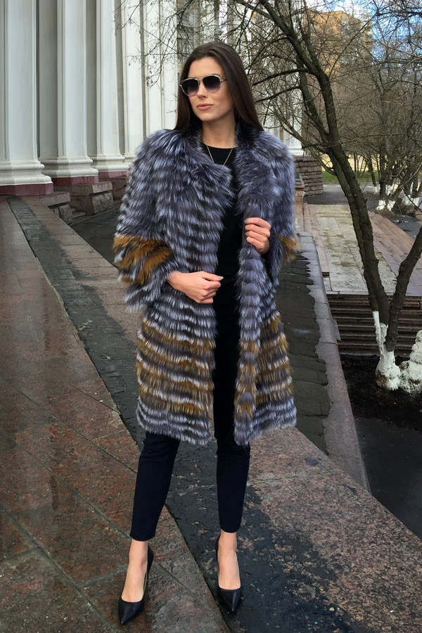 BFFUR женская зимняя шуба из натурального Лисьего меха Новая модная Серебряная Меховая куртка в полоску стильная женская верхняя одежда из натурального Лисьего меха