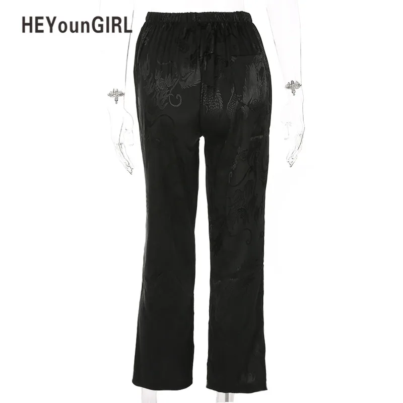 HEYounGIRL, прямые штаны, повседневные, свободные, женские, высокая талия, с принтом дракона, хип-хоп, черные штаны,, китайский стиль, низ