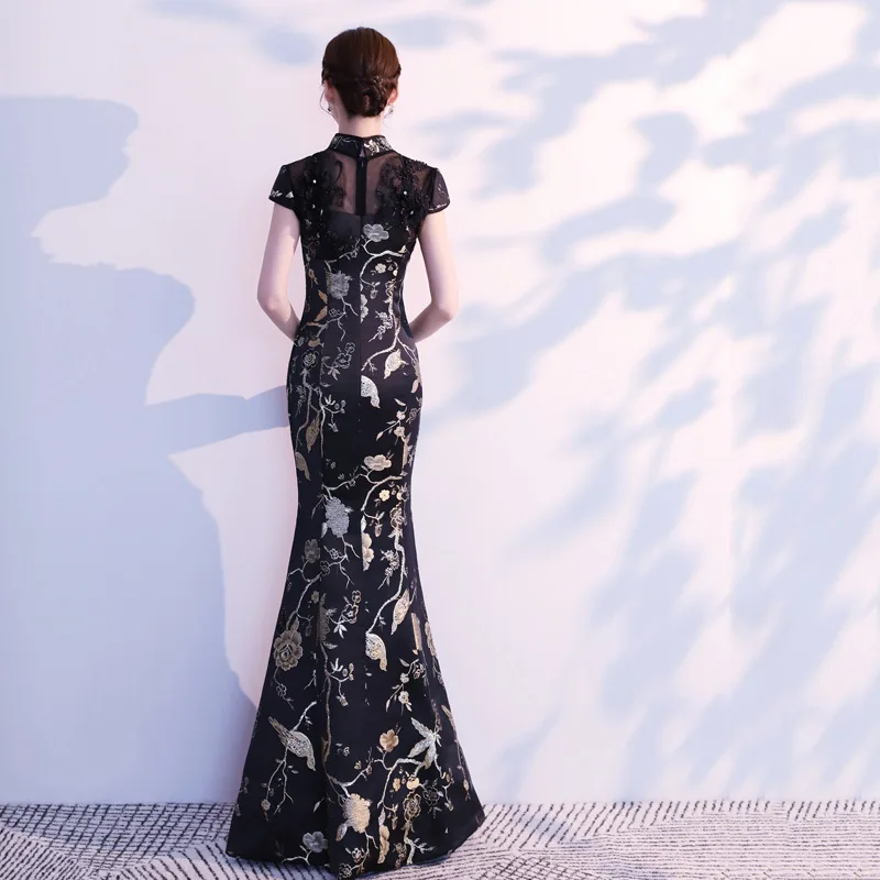 

Black Fashion Party Cheongsam Oriental Women's Maxi Slim Dress New Chinese Style Lady Elegant Satin Qipao Long Vestidos S-XXXL
