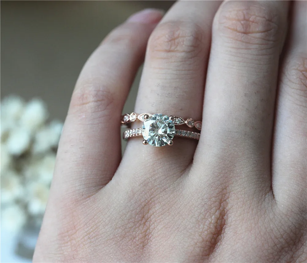 

DUPUY 14K Rose Gold Engagement Ring Set 7.0mm Round Forever Classic Brilliant Ring Art Deco Full Eternity Diamonds Wedding Ring