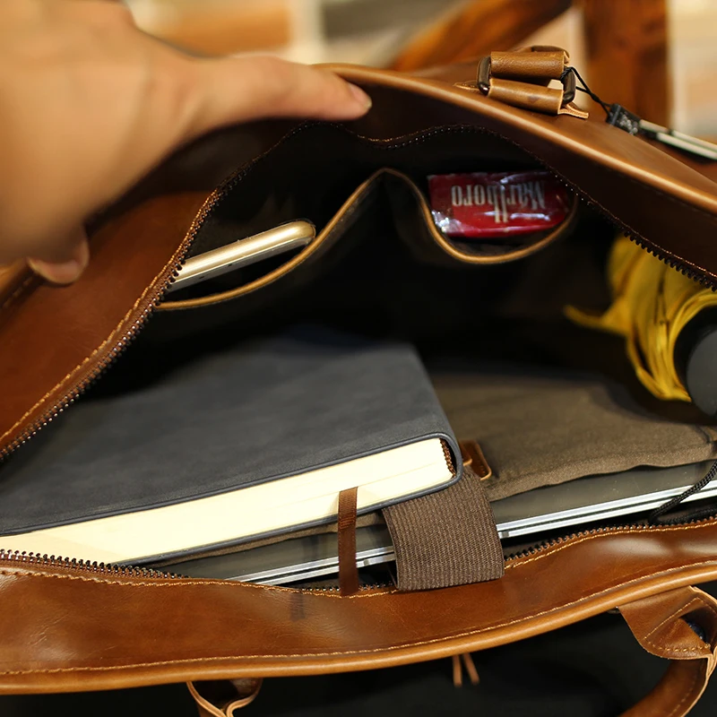 GUMST Crazy Horse PU Leather Men Briefcase Vintage 14 inch Big Business Laptop Handbag Fashion Brown Messenger Shoulder Bag Man