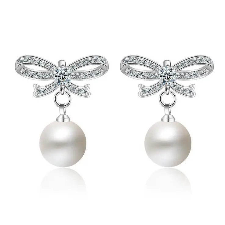 

Hot sell fashion pearl shiny crystal women jewelry 925 sterling silver ladies`stud earrings jewelry wholesale gift