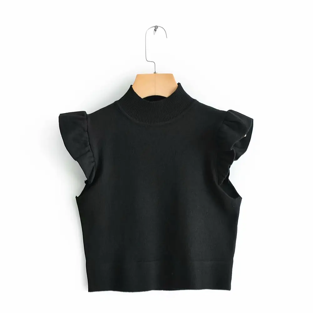 Fashion Black Ruffles Sleeveless Knit Top 2019 Women O-Neck Short Knitwear Casual Ladies Streetwear Feminine | Женская одежда