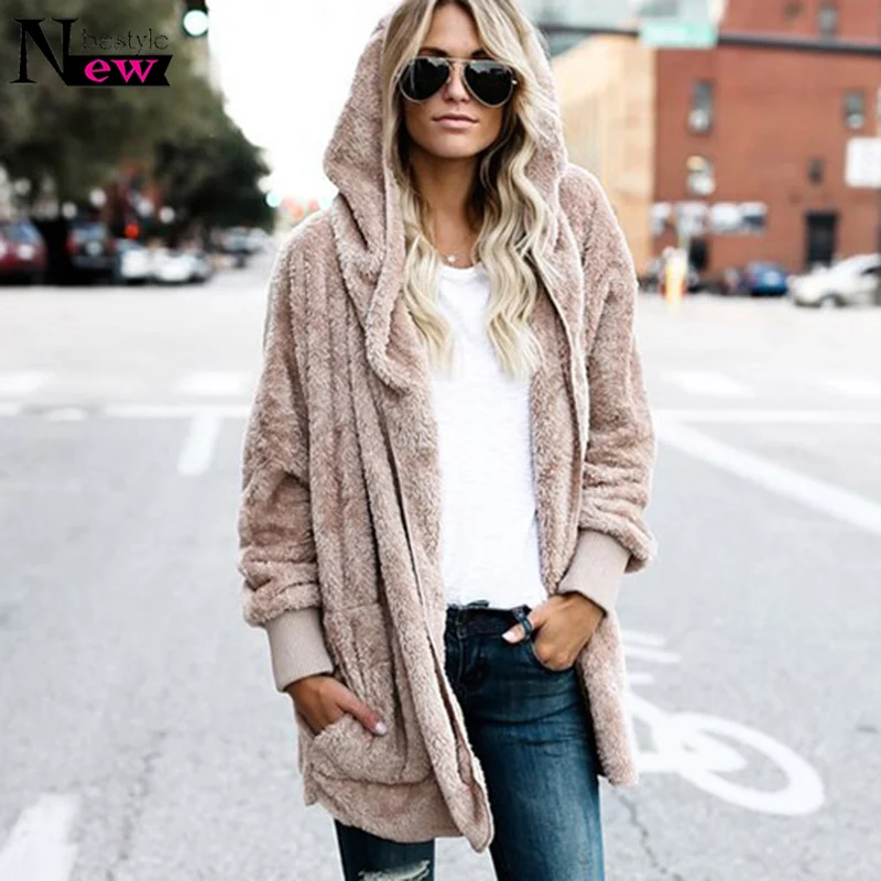 

New Year Spring Autumn Faux Fur Teddy Bear Coat Jacket Women Fashion Open Stitch Hooded Jackets Female Long Sleeve Fuzzy Jacket