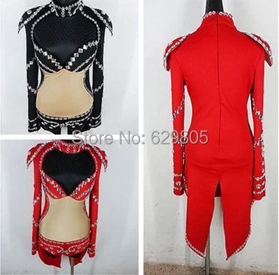 Наряды со стразами цельный женский Ds костюм сценическая одежда черные красные
