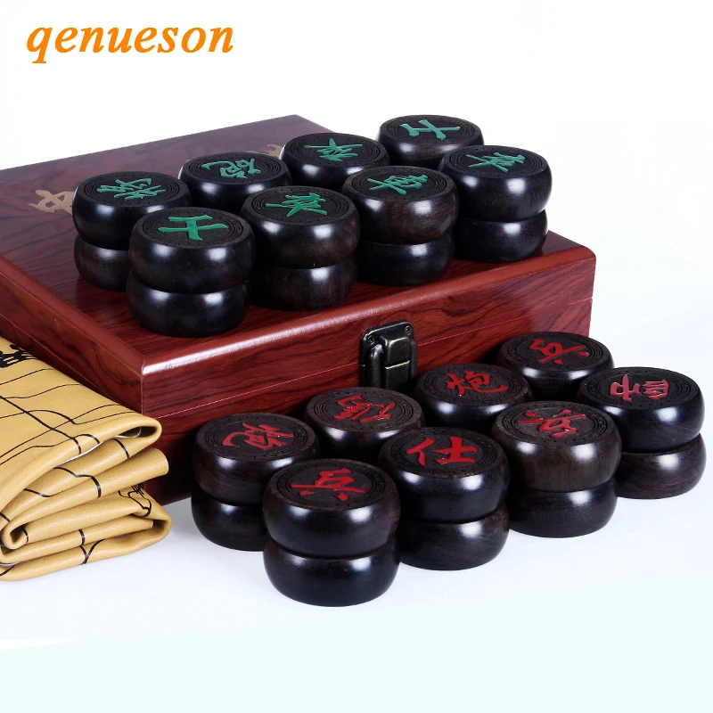 

High-grade Ebony&Safflower Pear Wooden Chinese Chess Large Pieces Boutique Box Loading Simulation Leather Chessboard Games Gifts