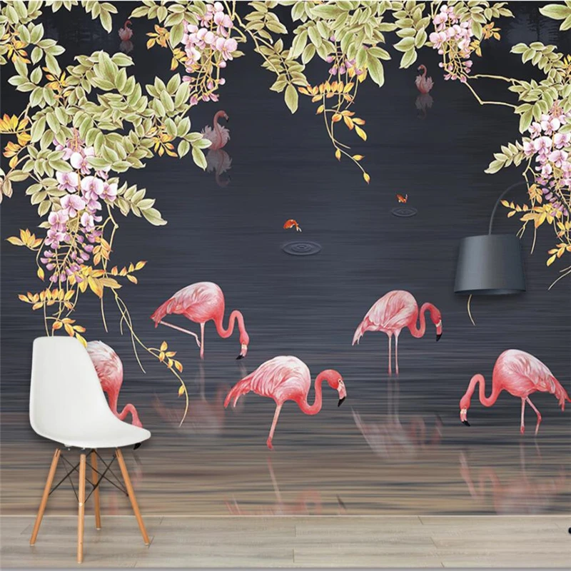 

wellyu Simple hand-painted tropical rainforest flamingo wall custom large mural green wallpaper papel de parede para quarto