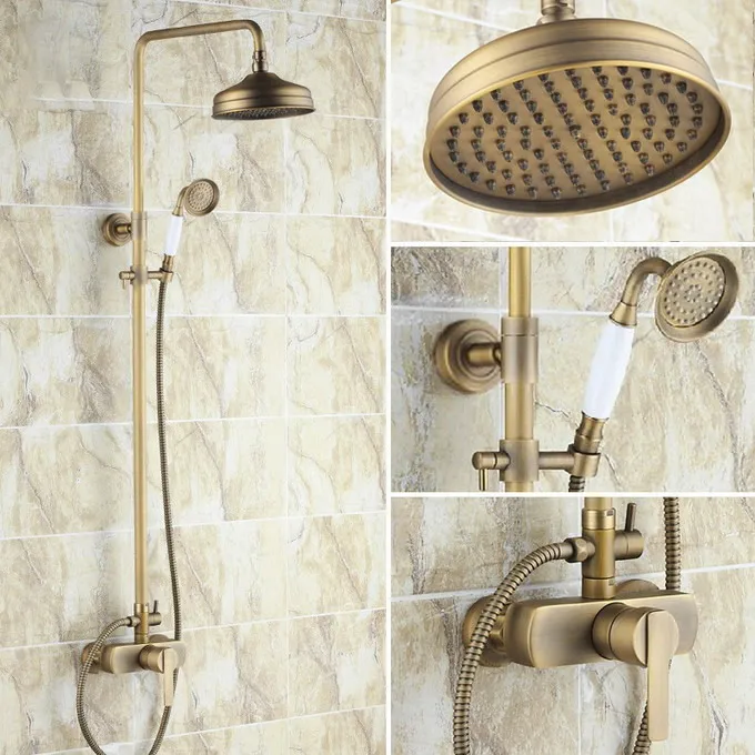 

Vintage Retro Antique Brass Single Handle Lever Bathroom 8 Inch Round Rain Shower Faucet Set Mixer Tap Hand Shower mrs174