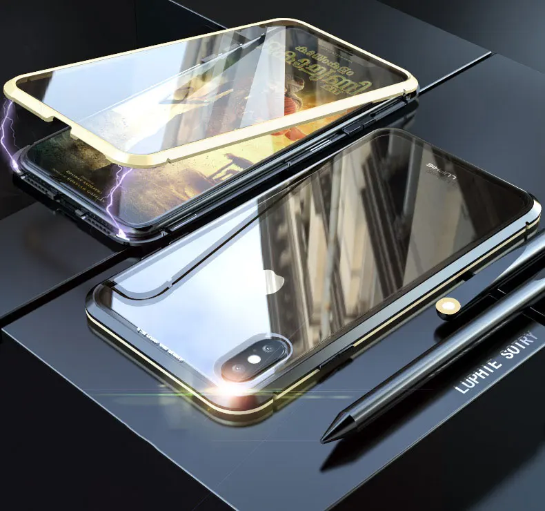 Передний Задний стеклянный чехол для iPhone11 Pro max чехол Магнитный 360 Полный корпус защитный Алюминиевый металлический каркас Забавный Чехол Для iPho
