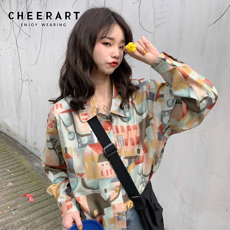 Cheerart рубашка Женская Повседневная топы с принтом с длинным рукавом Блузка корейский стиль свободная рубашка на пуговицах одежда