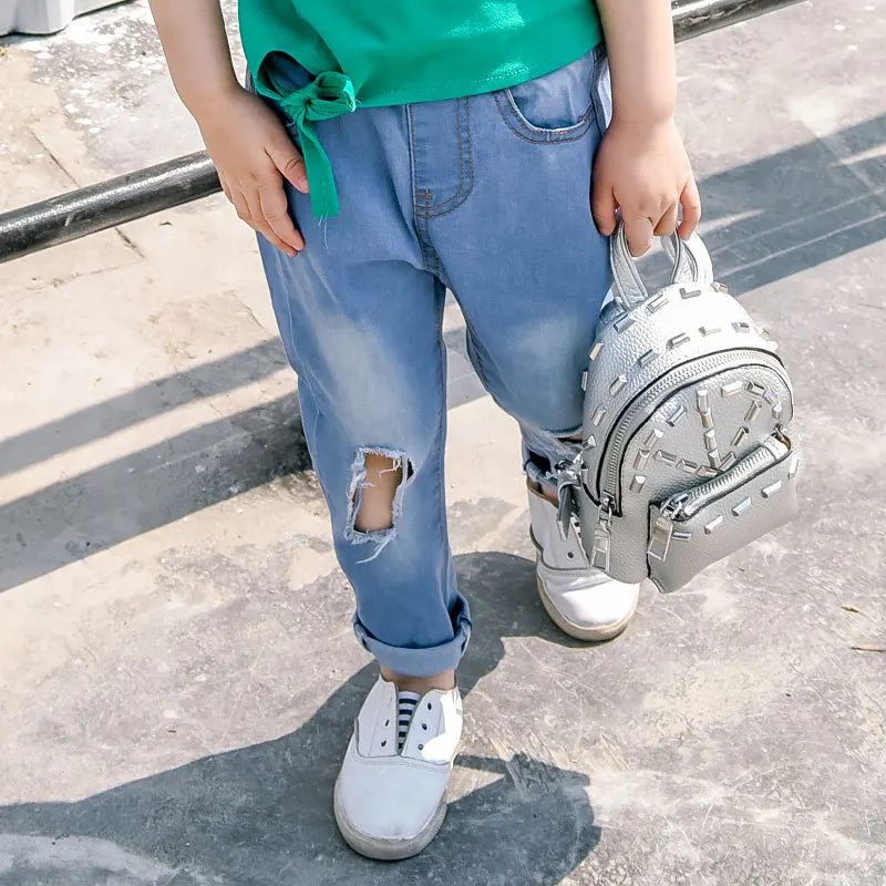 

Детские джинсы для девочек, новинка 2018, Детские Индивидуальные джинсовые брюки с манжетами на коленях, модель K308