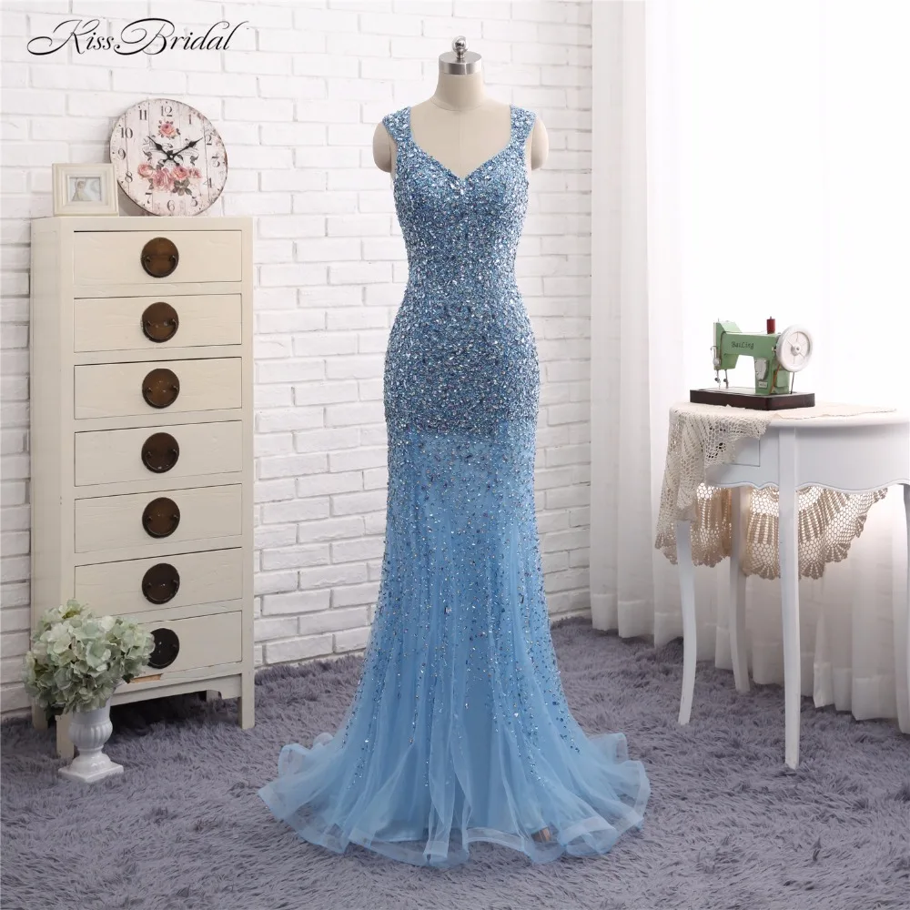 Светло Голубые Вечерние Платья Robe de Soiree 2017 платье Русалочки с v образным вырезом