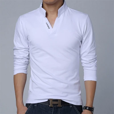 T02 White Футболка Для мужчин с длинным рукавом Мода печати весна Для мужчин; брендовая одежда Повседневное Slim v-образным вырезом Хлопок Футболка Homme Футболки для девочек M-5XL - Цвет: T02 White