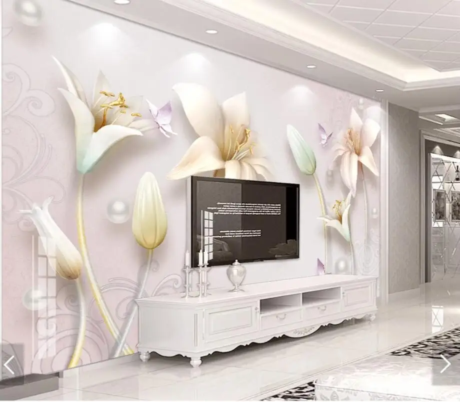 

3D Lily Flower Wallpaper Wall Mural Decals for Living Room Bedroom Hand Painting Printed Photo Floral Wallpapers Custom Size