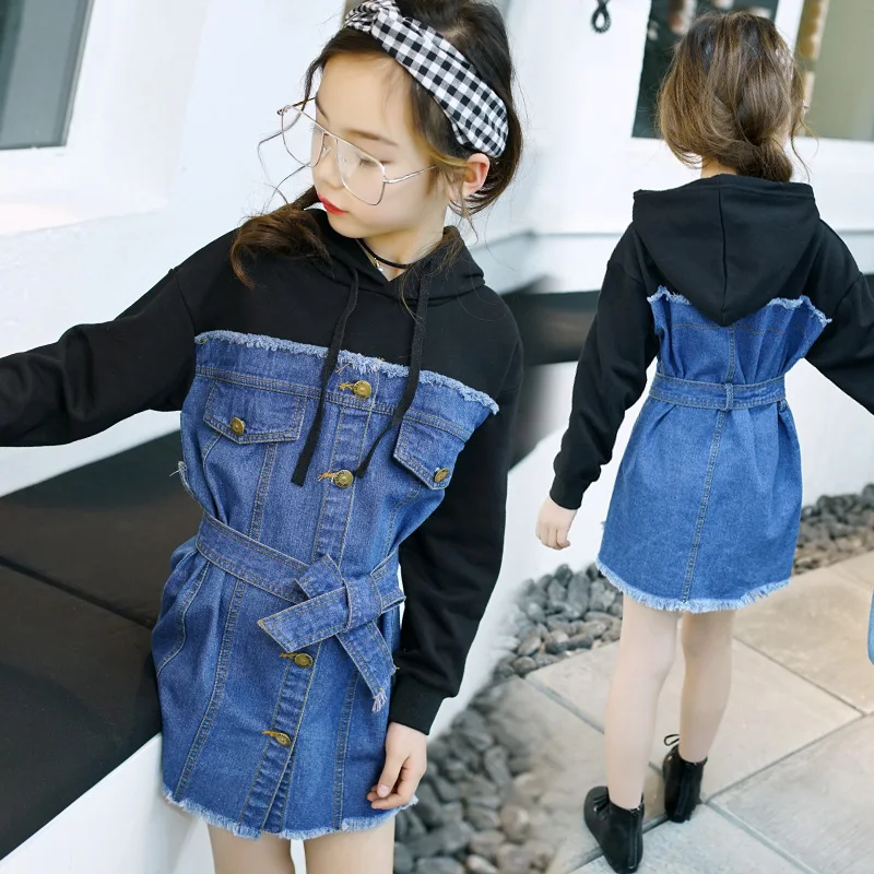 Little Girls Denim Dresses Autumn 2018 New Kids Long Sleeve Hooded Dress Toddler Jeans Clothes Blue | Детская одежда и обувь