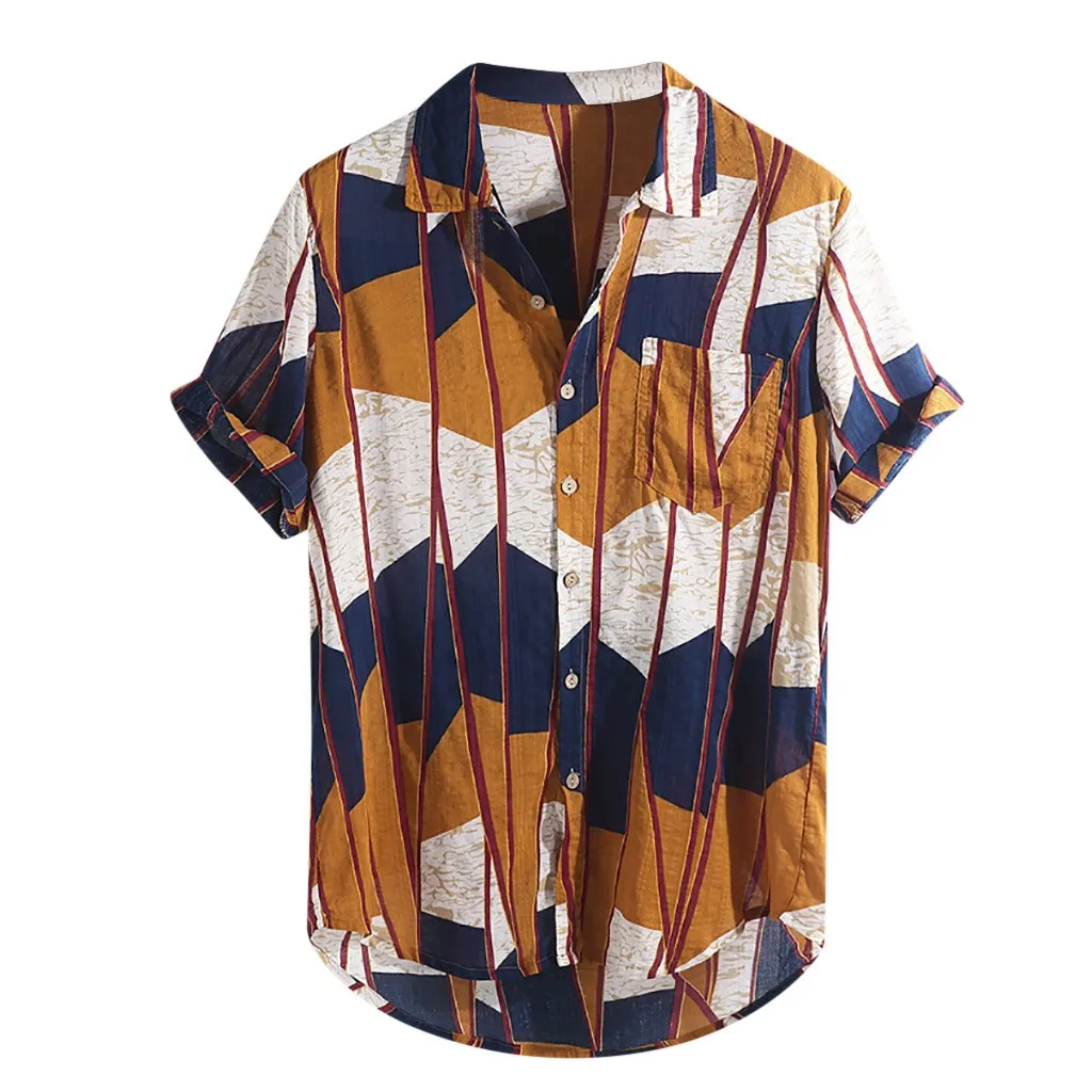 Linen Men shirt cotton Multi Lump Chest Pocket Short Sleeve pocket Round Hem Loose Shirts Blouse Stand Collar chemise homme 0509 | Мужская