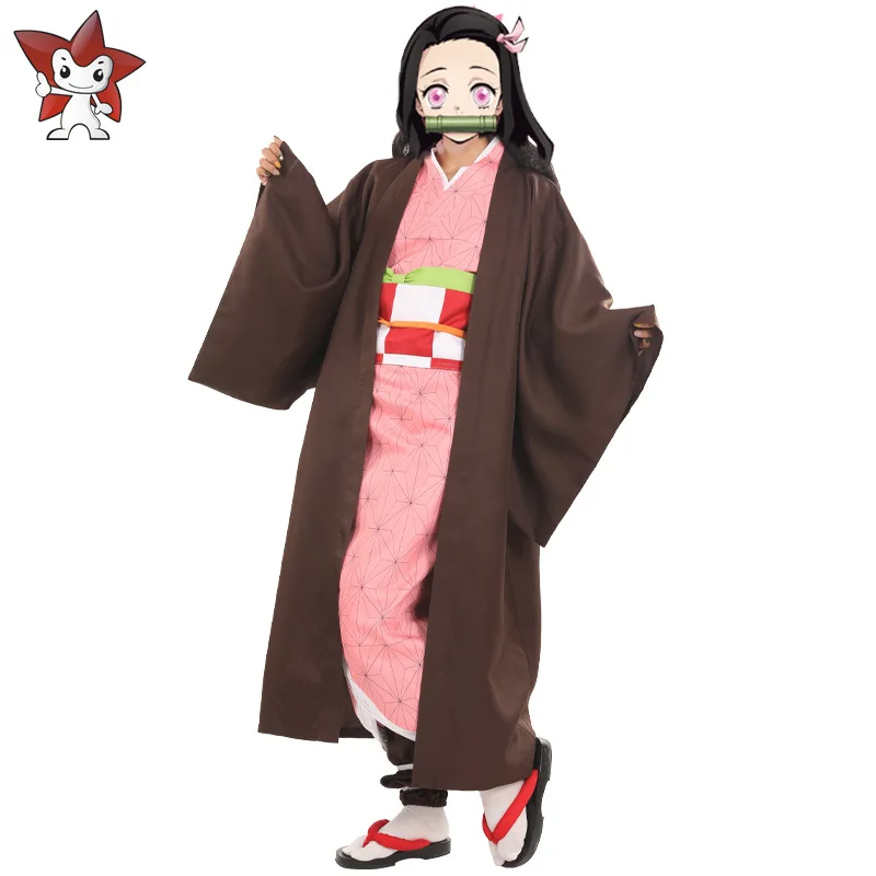 Аниме Demon Slayer Kamado Nezuko Косплей Костюм Kimetsu no Yaiba накидка кимоно Розовое Кимоно