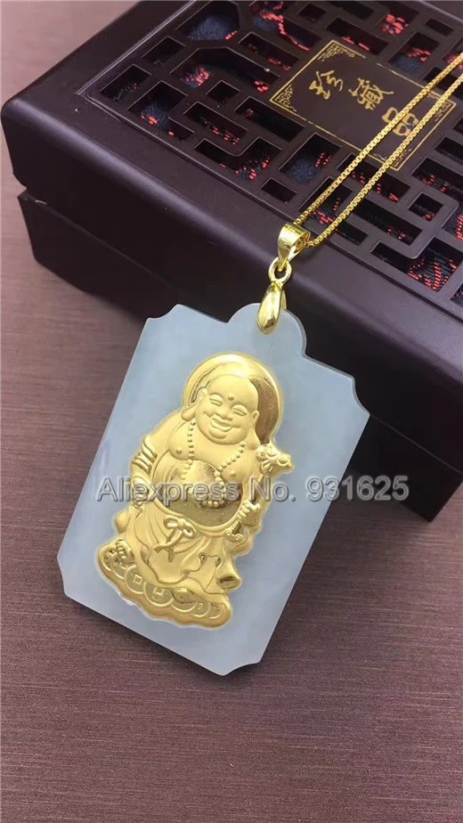 Натуральный Белый Хотан Yu + золото инкрустированные резные благословение Будда