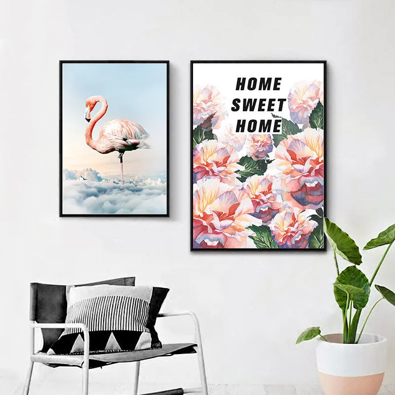 

HAOCHU Canvas Aat Print Decorative Painting Europe and America Flamingo Flowers Letter Home Mural Wall Picture For Living Room