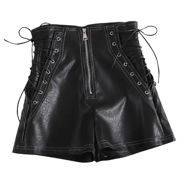Женские кожаные шорты с высокой талией черные короткие брюки широкими штанинами