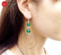 qingmos fashion natural green jades earrings for women with 8 10mm jades 3 piece metal round circle dangle 3 5 earring ear617
