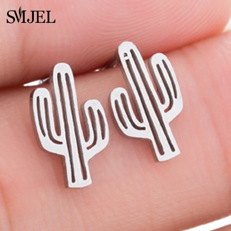 Cactus GED092 SMJEL модные милые серьги-гвоздики с животными для женщин и детей, ювелирные изделия из нержавеющей стали, серьги с кошкой, луной, звездой, ювелирные изделия, аксессуары, подарки - Окраска металла: Cactus GED092