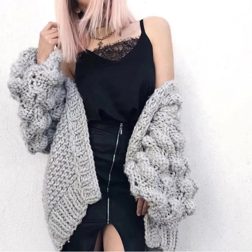 Ellacey осень зима ручной вязки женский кардиган открытый стежок свитер для женщин