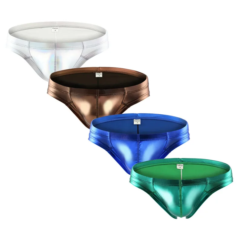 

4PCS/Lots Sexy Gay G String Low Waist Shinny PU Leather Bugle Pouch Underwear Bikini Homewear T-back Thongs Male Cueca Panties
